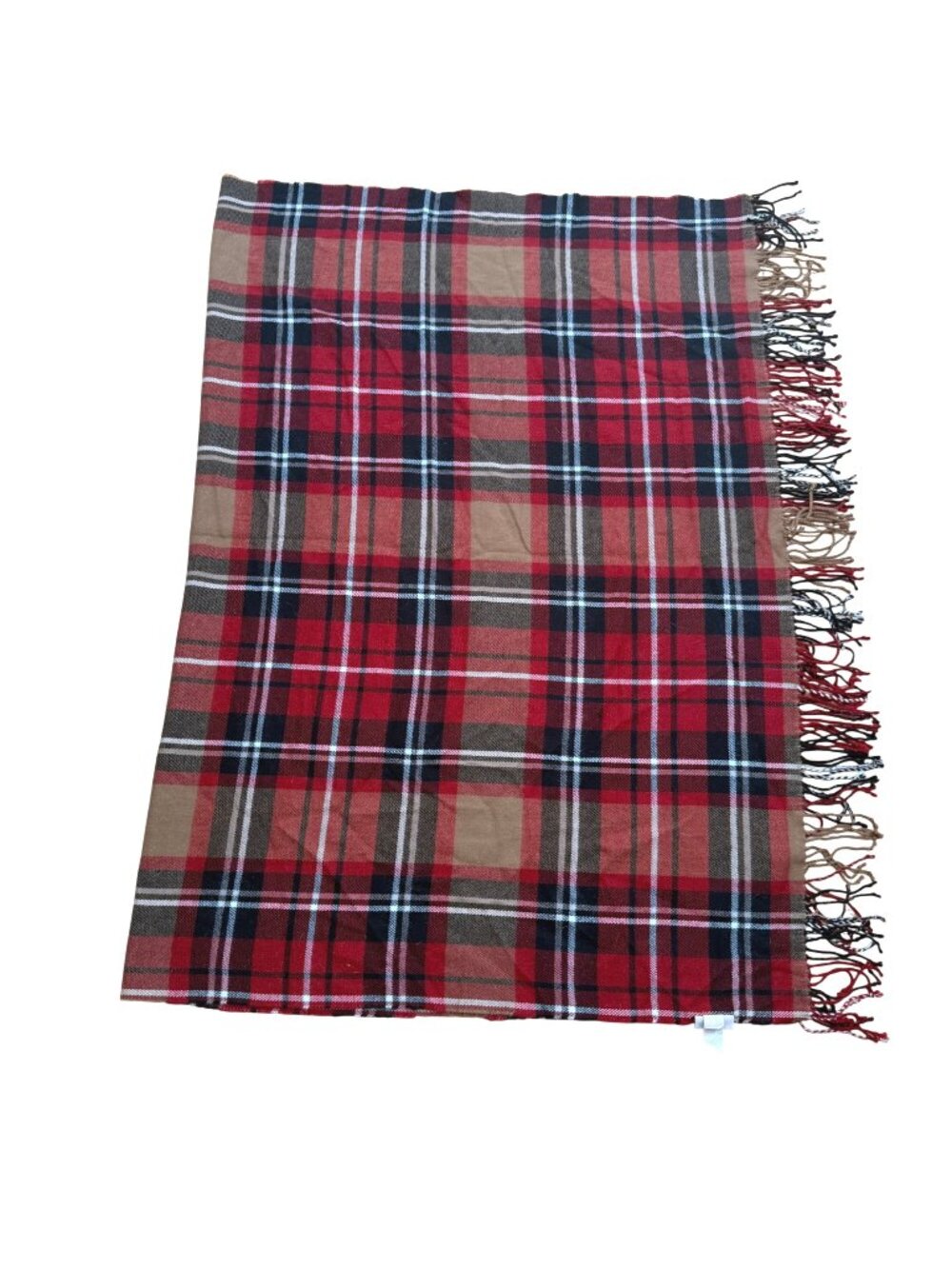 Soft Surroundings Women's Wrap Scarf Red Plaid Fringe Shawl Blanket 50x70 inches